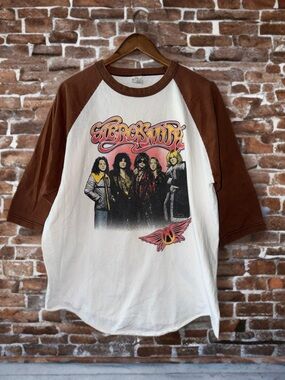 Y2K Aerosmith Raglan Band Tee Brown White Graphic Rock Shirt XL
